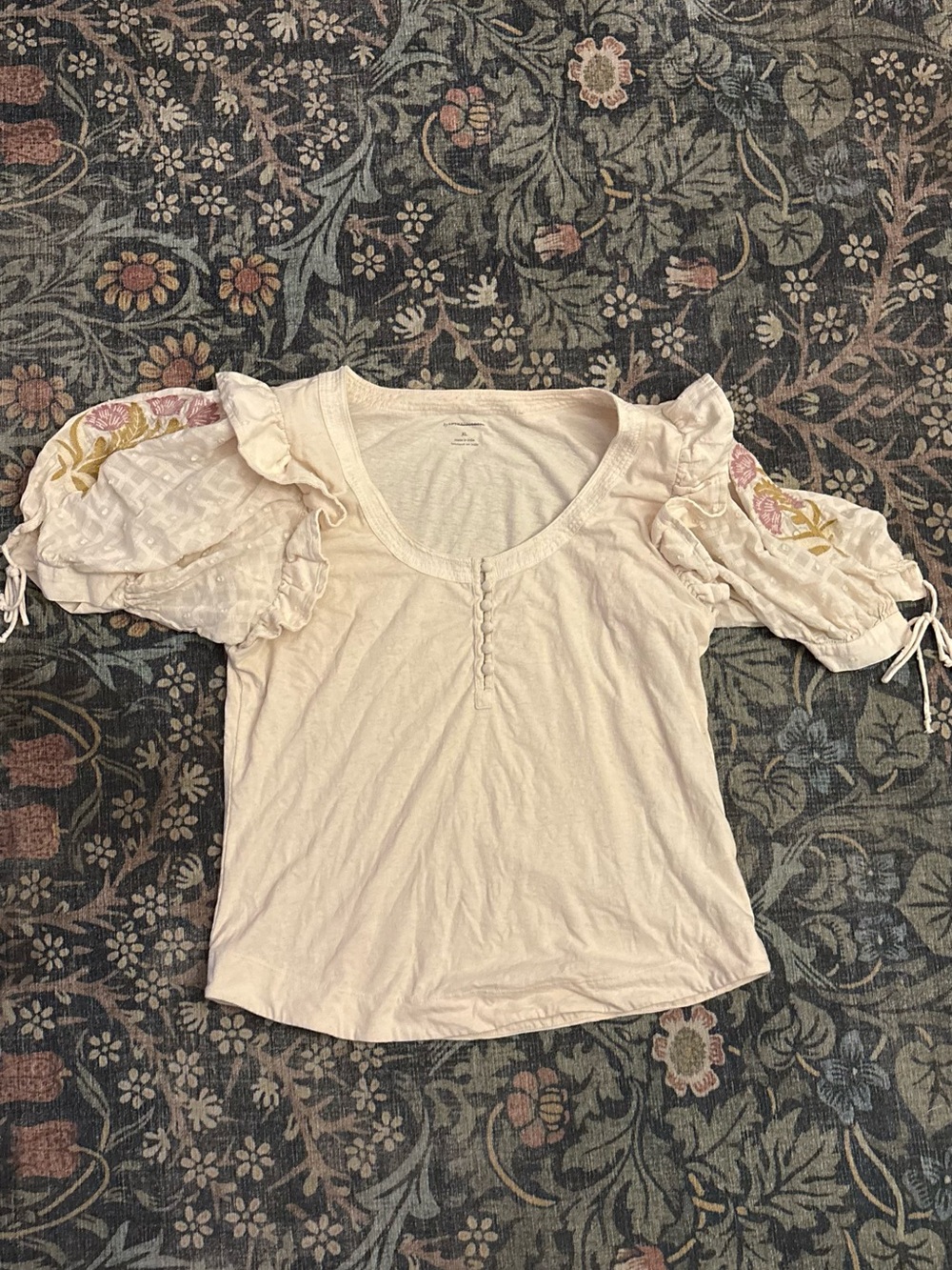 Anthropologie Cream Puff-Sleeve Tee with Pink & Yellow Embroidery